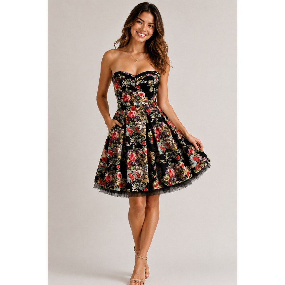 Vintage Y2K 2b bebe Strapless Floral Fit Flare Dress Black Romantic Coquette Ł